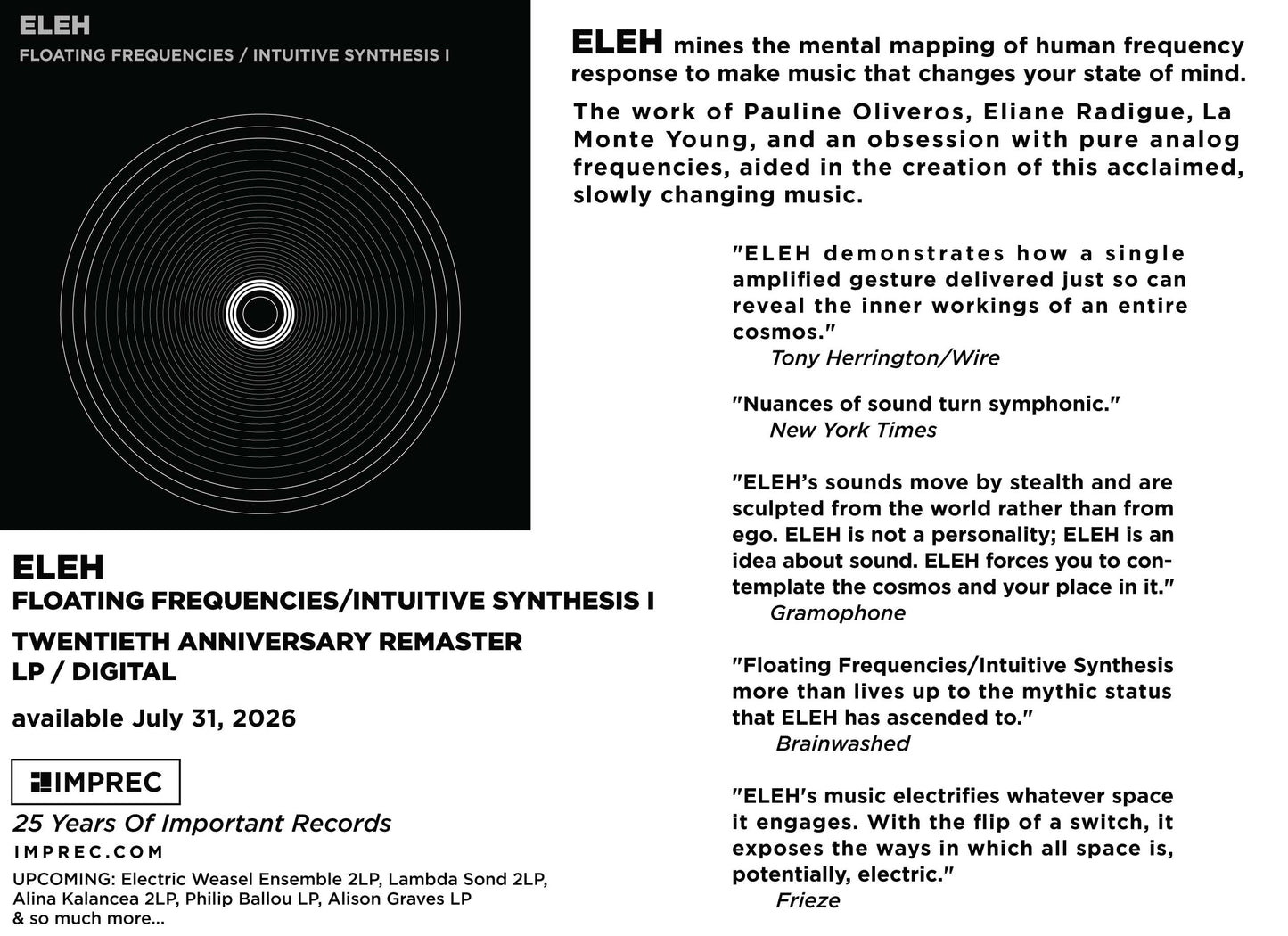ELEH - Floating Frequencies / Intuitive Synthesis Volume 1 - LP - July 31  PREORDER